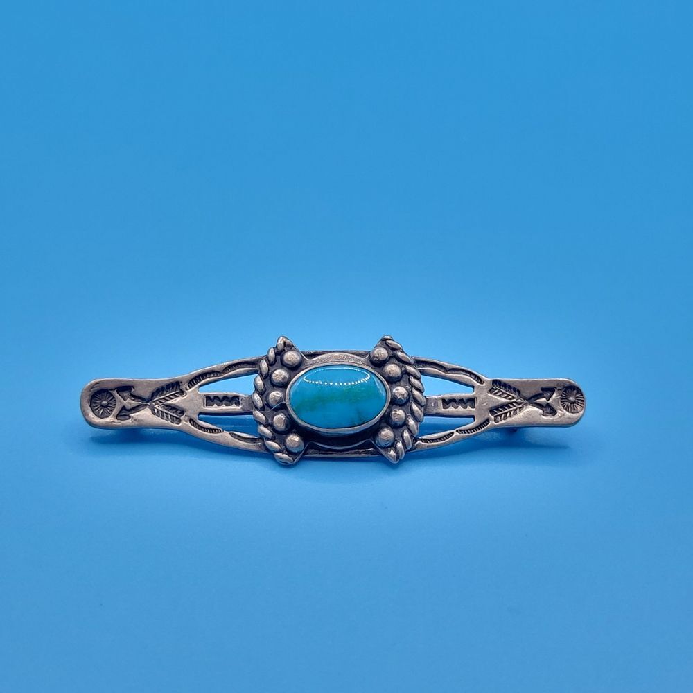 Vintage Sterling Silver 2055 Turquoise Medium Long Oval Brooch - Picture 5 of 12
